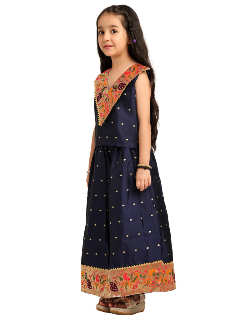 Paithani Baby Girl Lehenga Set – Blue Silk with V-Neck Brocade Blouse & Peacock Zari Border – V Neck Pattern