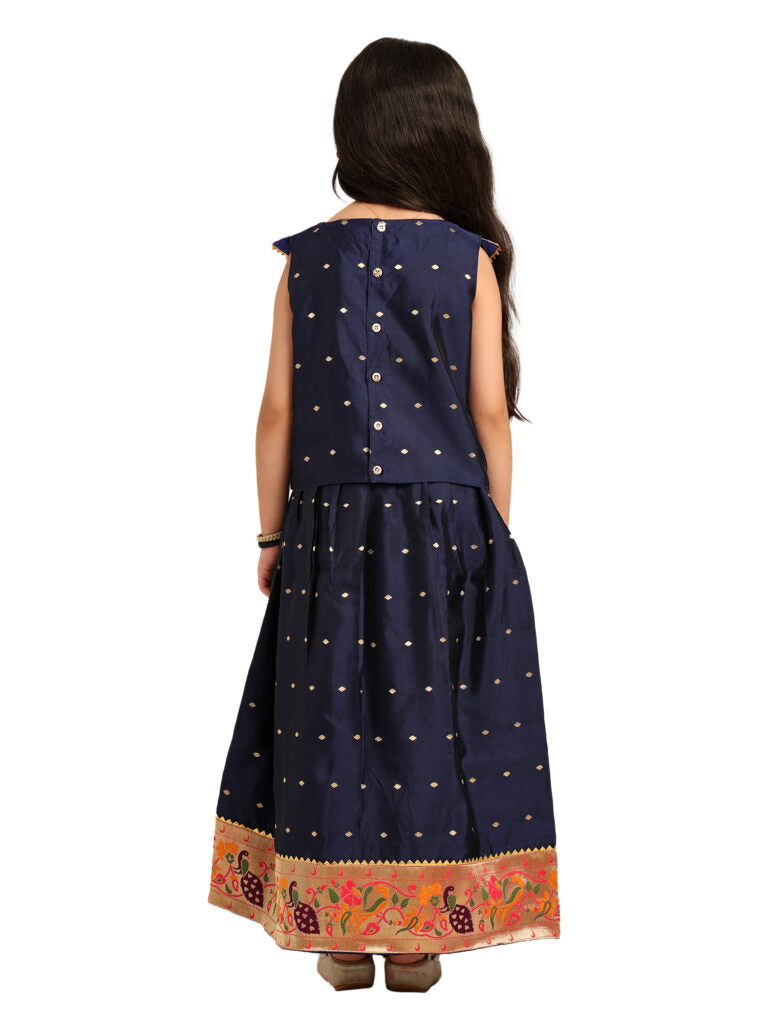 Paithani Baby Girl Lehenga Set – Blue Silk with V-Neck Brocade Blouse & Peacock Zari Border – V Neck Pattern