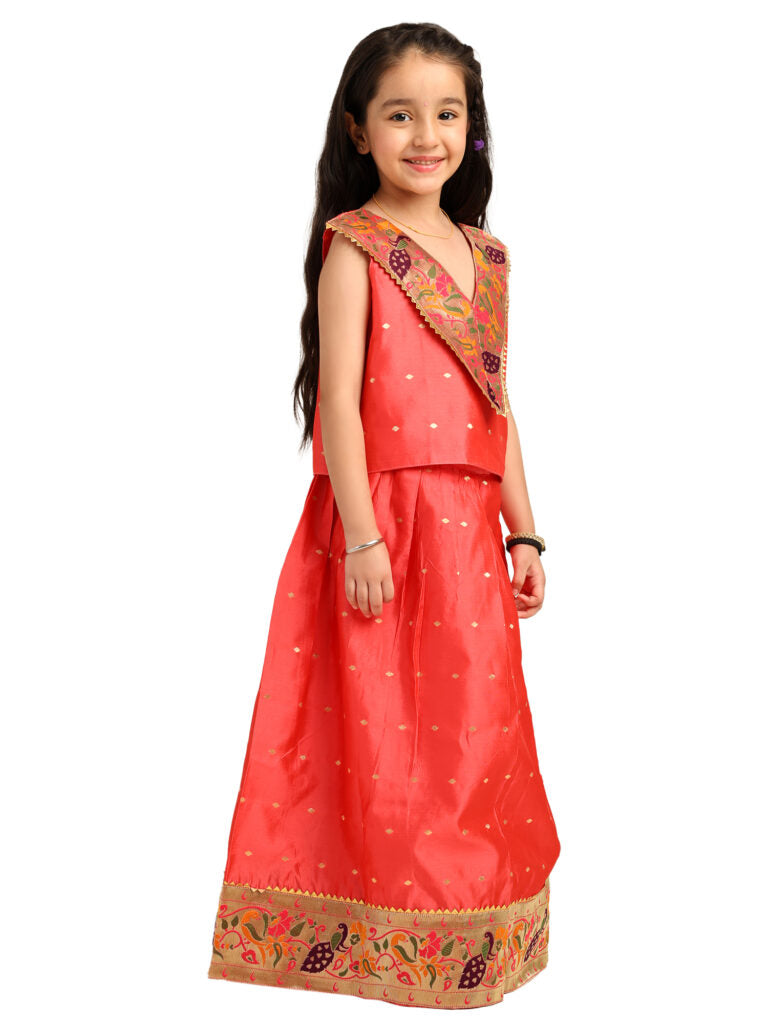 Gajari Silk Paithani Baby Girl Lehenga Set- V Neck