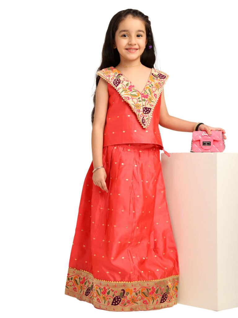 Gajari Silk Paithani Baby Girl Lehenga Set- V Neck
