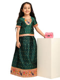 Paithani Baby Girl Lehenga Set – Green Silk with Peacock Embroidered Blouse & Zari Border Skirt – Chiu Pattern