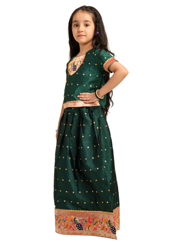 Paithani Baby Girl Lehenga Set – Green Silk with Peacock Embroidered Blouse & Zari Border Skirt – Chiu Pattern