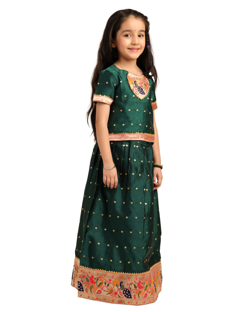 Paithani Baby Girl Lehenga Set – Green Silk with Peacock Embroidered Blouse & Zari Border Skirt – Chiu Pattern