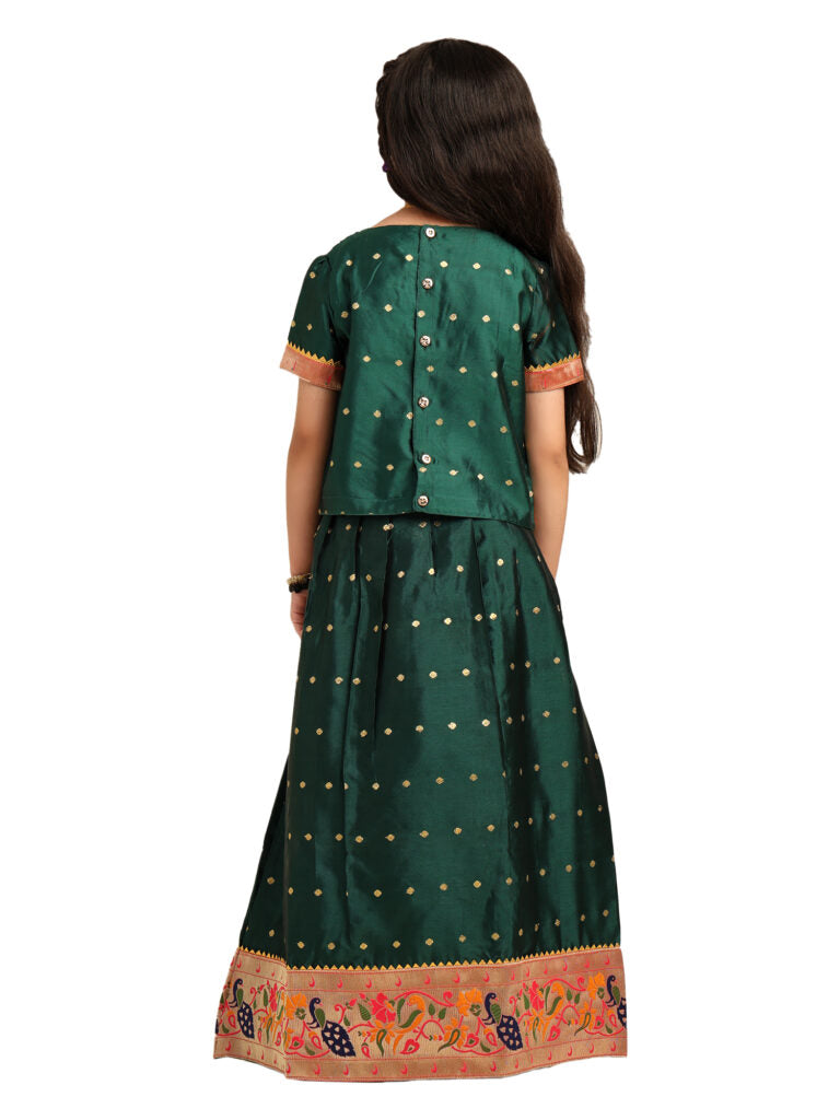 Paithani Baby Girl Lehenga Set – Green Silk with Peacock Embroidered Blouse & Zari Border Skirt – Chiu Pattern