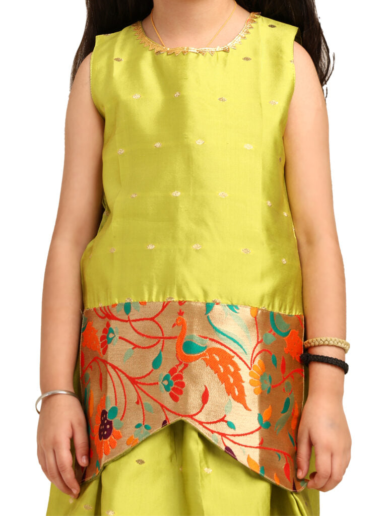 Paithani Baby Girl Lehenga Set – Mehndi Silk with Brocade Peplum Top & Multicolor Zari Border – Gita Pattern