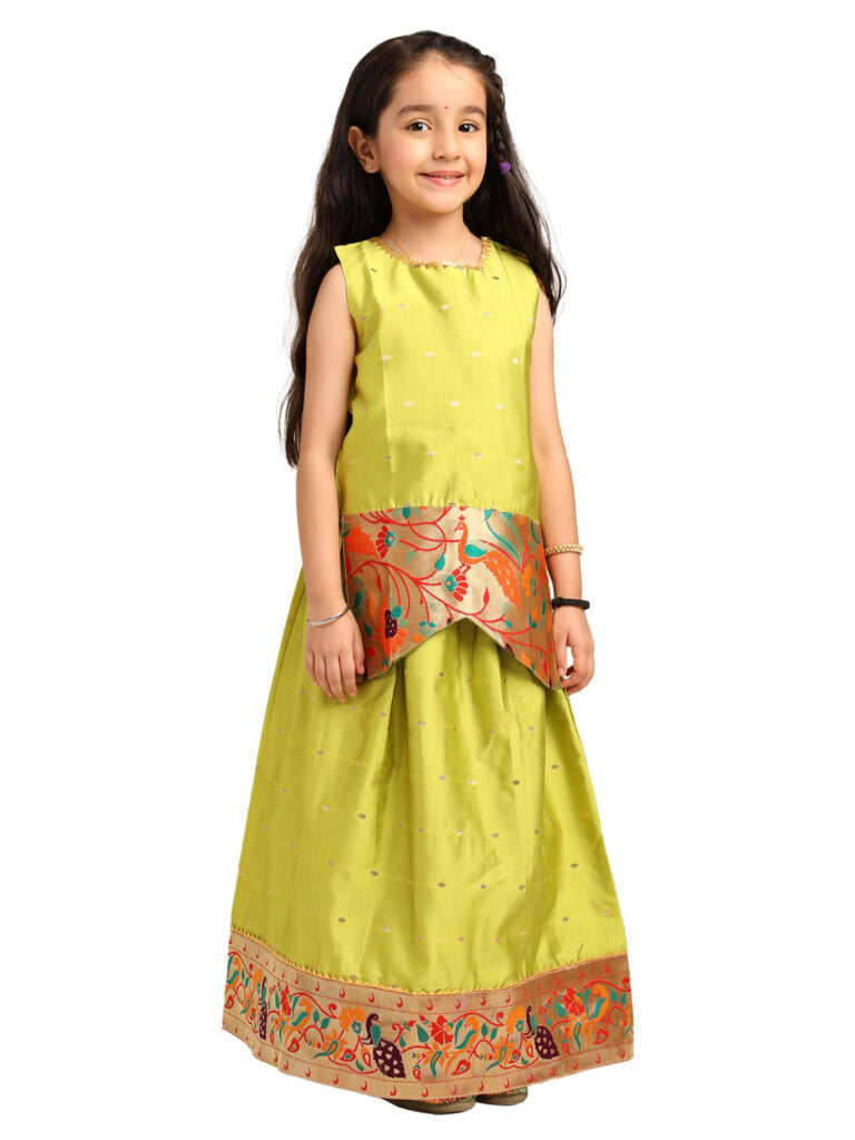 Paithani Baby Girl Lehenga Set – Mehndi Silk with Brocade Peplum Top & Multicolor Zari Border – Gita Pattern