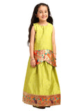 Paithani Baby Girl Lehenga Set – Mehndi Silk with Brocade Peplum Top & Multicolor Zari Border – Gita Pattern