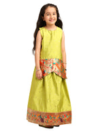 Paithani Baby Girl Lehenga Set – Mehndi Silk with Brocade Peplum Top & Multicolor Zari Border – Gita Pattern