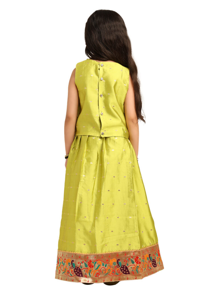 Paithani Baby Girl Lehenga Set – Mehndi Silk with Brocade Peplum Top & Multicolor Zari Border – Gita Pattern