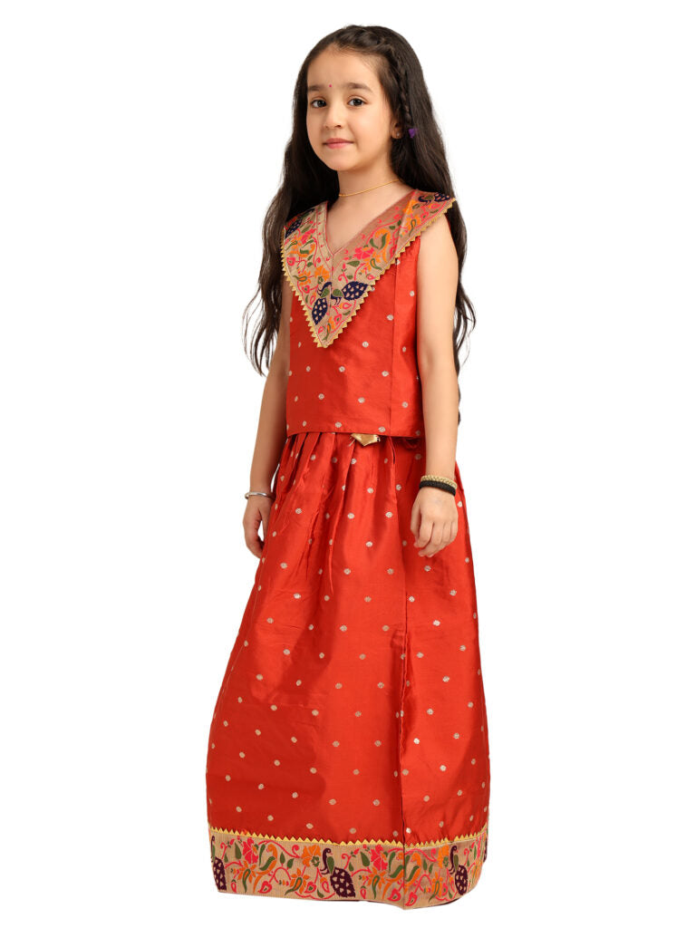 Paithani Baby Girl Lehenga Set – Maroon Silk with V-Neck Brocade Blouse & Peacock Zari Border – V Neck Pattern