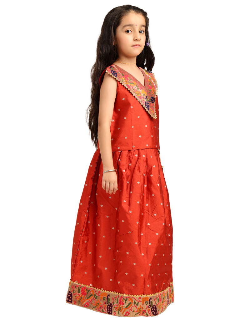 Paithani Baby Girl Lehenga Set – Maroon Silk with V-Neck Brocade Blouse & Peacock Zari Border – V Neck Pattern