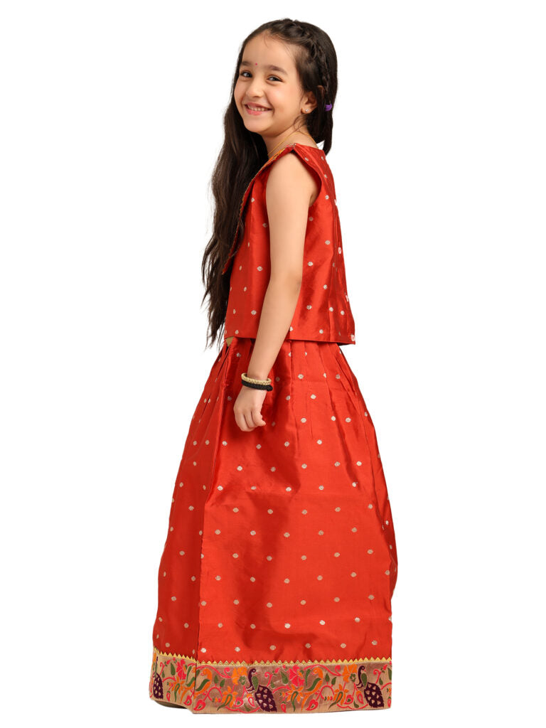 Paithani Baby Girl Lehenga Set – Maroon Silk with V-Neck Brocade Blouse & Peacock Zari Border – V Neck Pattern