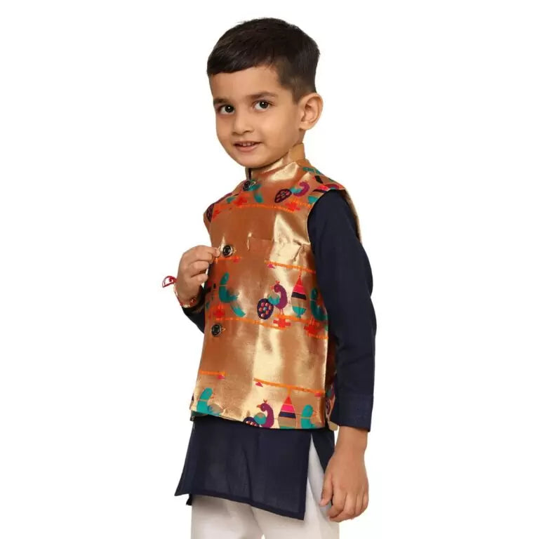 Kanira Jr Paithani Jacket for Boys Parrot Peacock
