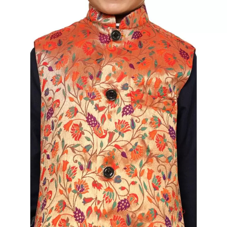 Kanira Jr Paithani Jacket for Boys Small peacock Red
