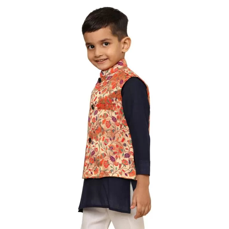 Kanira Jr Paithani Jacket for Boys Small peacock Red