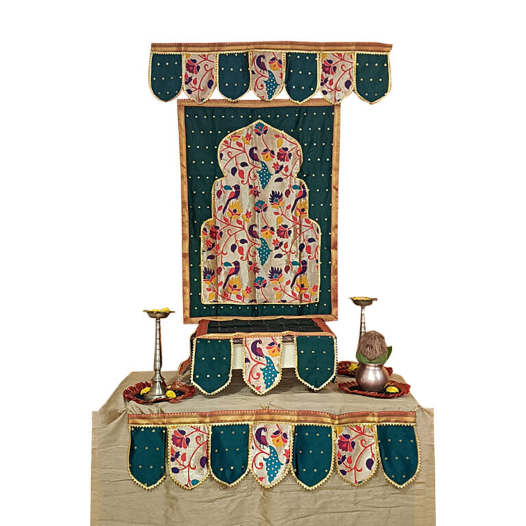 Paithani Temple Decoration Combo Set for Ganesh Chaturthi (Green Theme – 7 Items + Free Samai Asan)