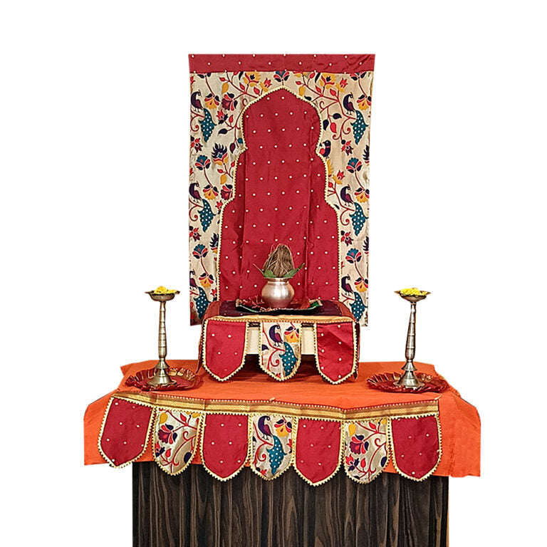 Ganesh Chaturthi Paithani Ganpati Decoration Combo Set – Maroon Theme (7 Items + Free Samai Asan)