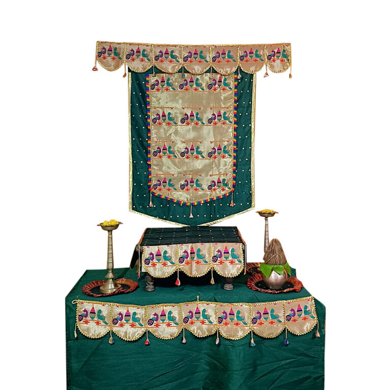 Paithani Parrot-Peacock Ganpati Decoration Combo Set for Ganesh Chaturthi (Green Theme – 7 Items + Free Samai Asan)