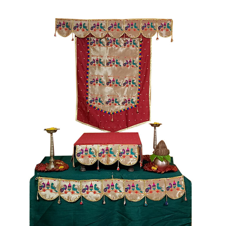 Paithani Parrot-Peacock Ganpati Decoration Combo Set for Ganesh Chaturthi (Maroon Theme – 7 Items + Free Samai Asan)