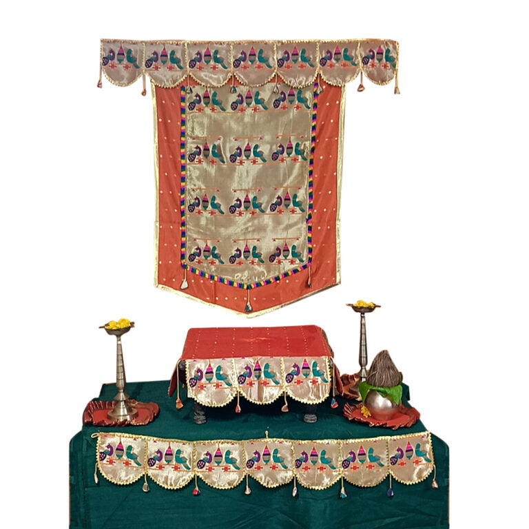 Paithani Parrot-Peacock Ganpati Decoration Combo Set for Ganesh Chaturthi (Orange Theme – 7 Items + Free Samai Asan)