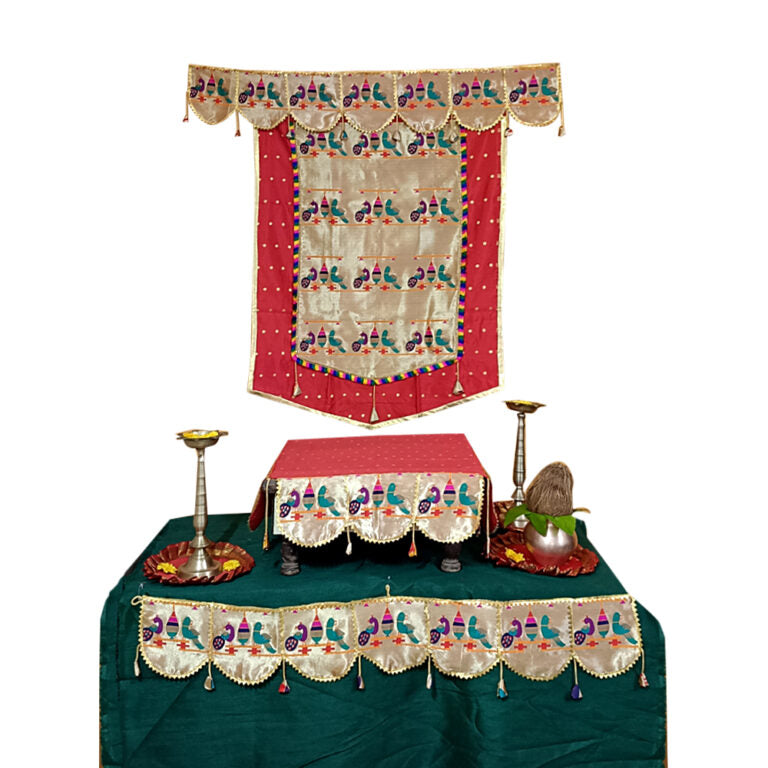 Paithani Parrot-Peacock Ganpati Decoration Combo Set for Ganesh Chaturthi (Red Theme – 7 Items + Free Samai Asan)