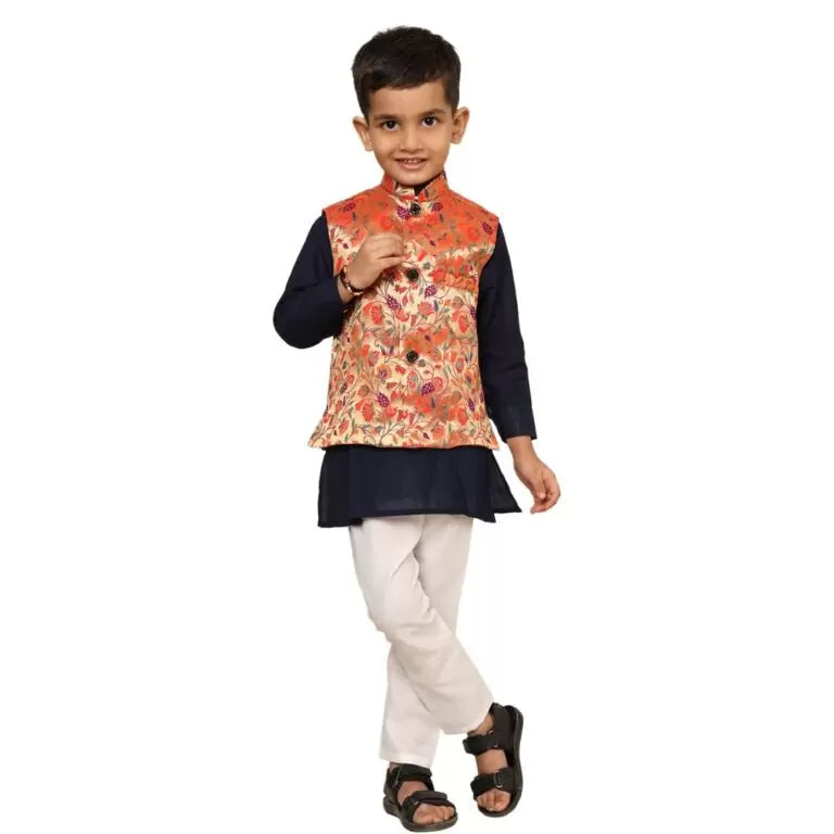 Kanira Jr Paithani Jacket for Boys Small peacock Red
