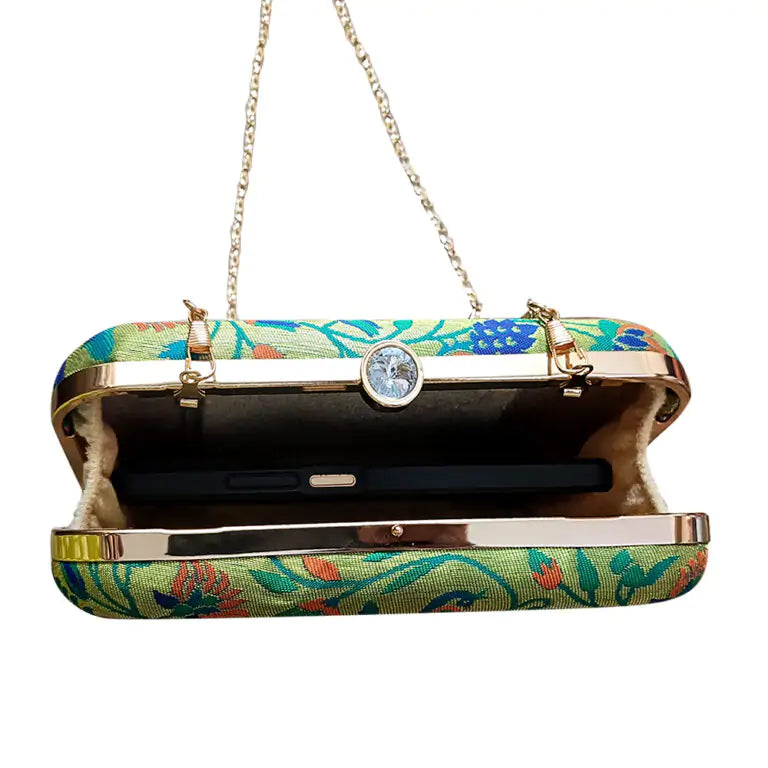 Small Peacock Green Paithani Clutch – Rounded Elegance with a Traditional Weave