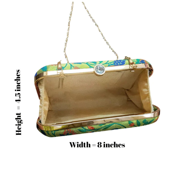 Small Peacock Green Paithani Clutch – Rounded Elegance with a Traditional Weave
