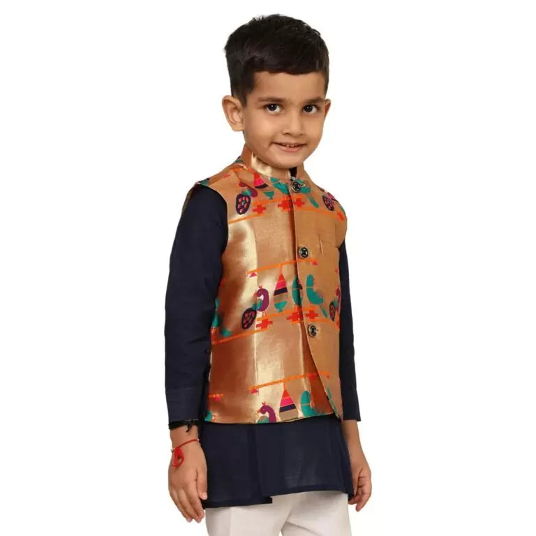 Kanira Jr Paithani Jacket for Boys Parrot Peacock