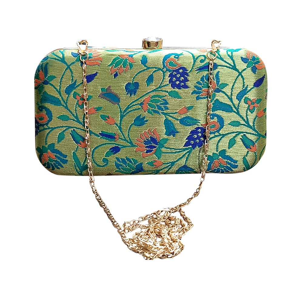 Small Peacock Green Paithani Clutch – Rounded Elegance with a Traditional Weave