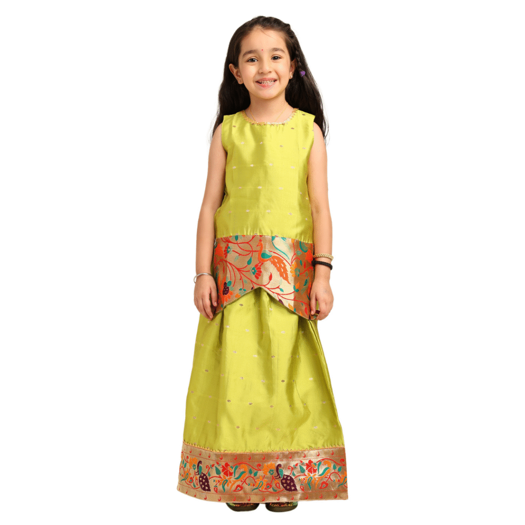 Paithani Baby Girl Lehenga Set – Lime Green Silk with Brocade Peplum Top & Multicolor Zari Border