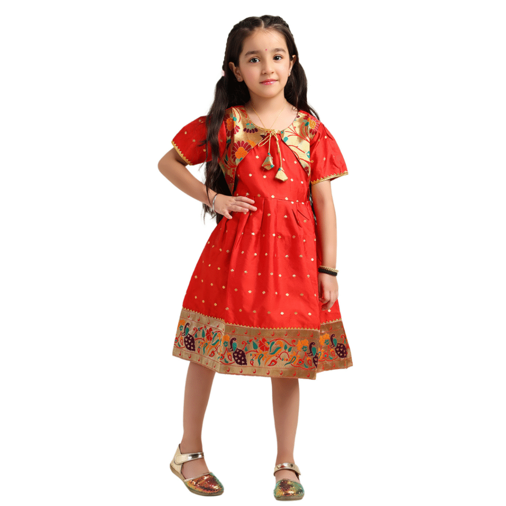 Paithani Baby Girl Frock – Bright Red Silk with Multicolor Zari Border & Brocade Yoke