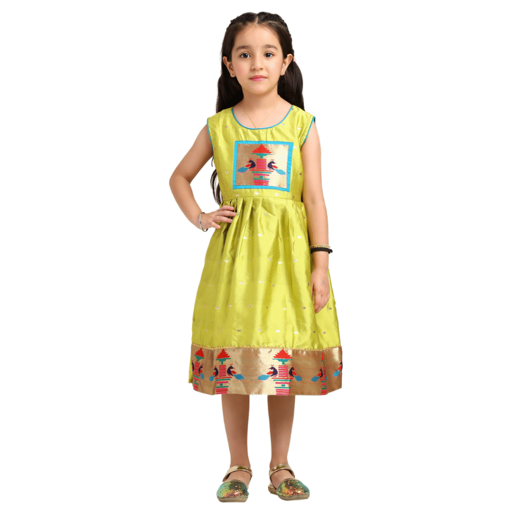 Paithani Baby Girl Frock – Lime Green Silk with Temple Motif & Zari Border