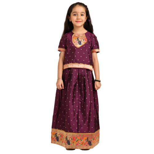 Paithani Baby Girl Lehenga Set – Plum Purple Silk with Embroidered Peacock Blouse & Zari Border Skirt