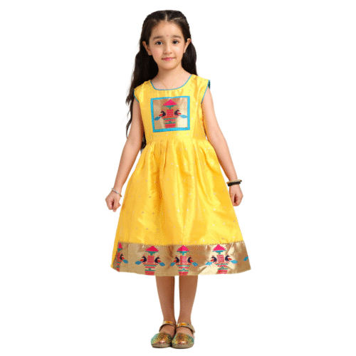 Paithani Baby Girl Frock – Yellow Silk with Temple Motif Design & Zari Border