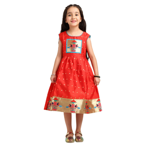 Paithani Baby Girl Frock – Red Silk with Temple Motif Design & Zari Border