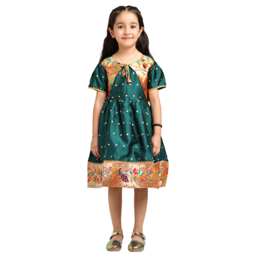 Paithani Baby Girl Frock – Dark Green Silk with Brocade Yoke & Peacock Zari Border