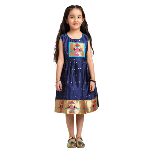 Paithani Baby Girl Frock – Navy Blue Silk with Temple Motif Design & Zari Border