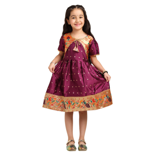 Paithani Baby Girl Frock – Plum Purple Silk with Golden Zari & Peacock Motifs