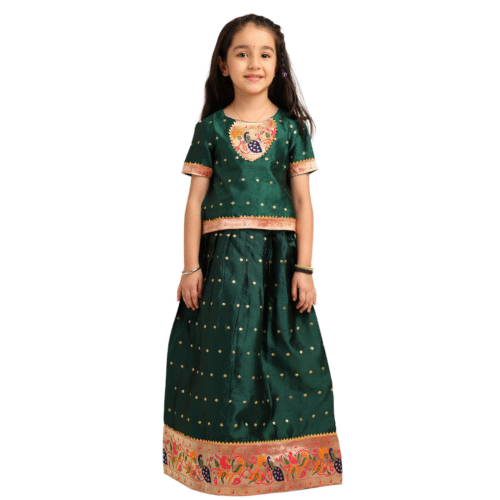 Paithani Baby Girl Lehenga Set – Emerald Green Silk with Peacock Embroidered Blouse & Zari Border Skirt