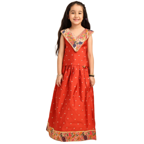 Paithani Baby Girl Lehenga Set – Rust Orange Silk with V-Neck Brocade Blouse & Peacock Zari Border