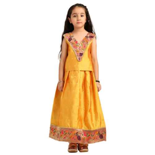 Paithani Baby Girl Lehenga Set – Mustard Yellow Silk with V-Neck Brocade Blouse & Peacock Zari Border