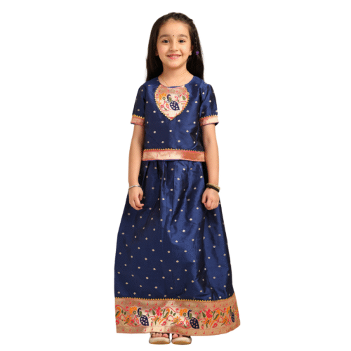 Paithani Baby Girl Lehenga Set – Navy Blue Silk with Embroidered Peacock Yoke & Golden Zari Border