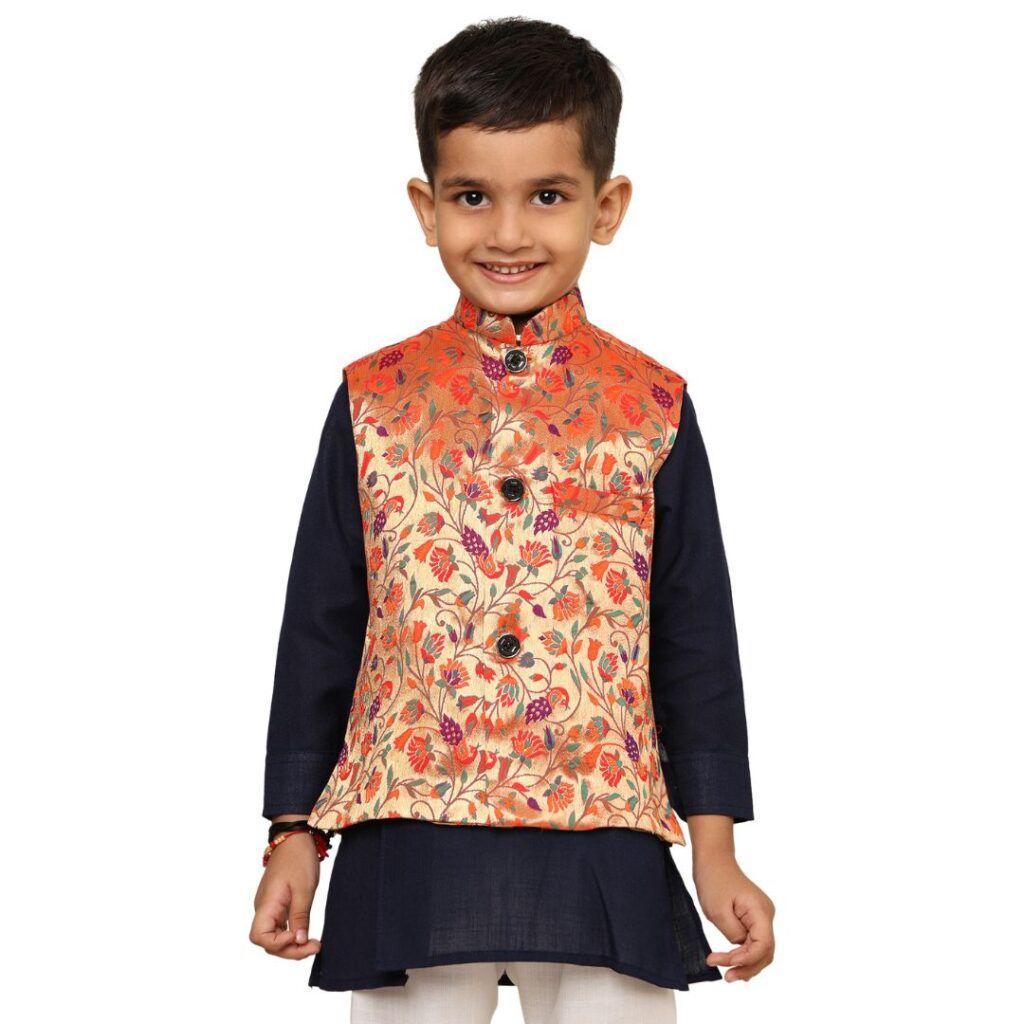 Kanira Jr Paithani Jacket for Boys Small peacock Red
