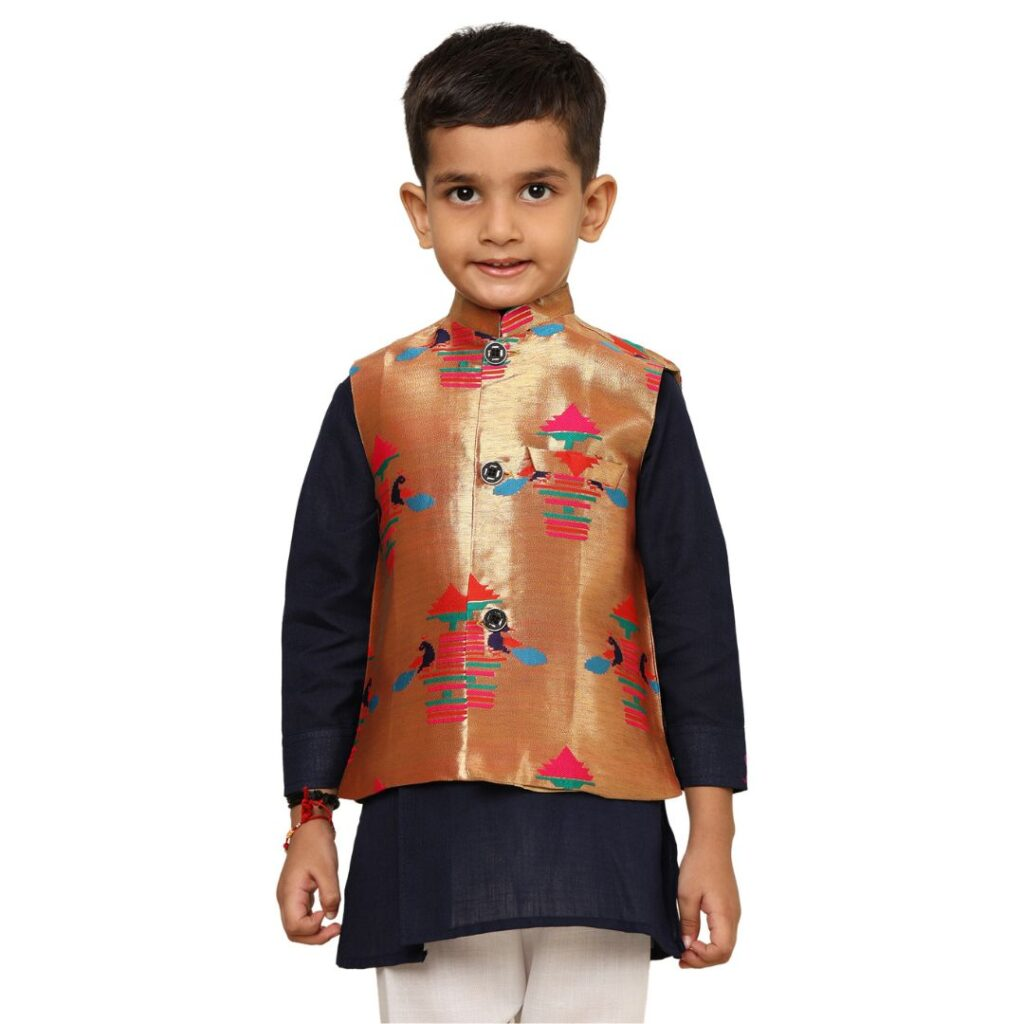 Kanira Jr Paithani jacket for Boys Diamond Peacock
