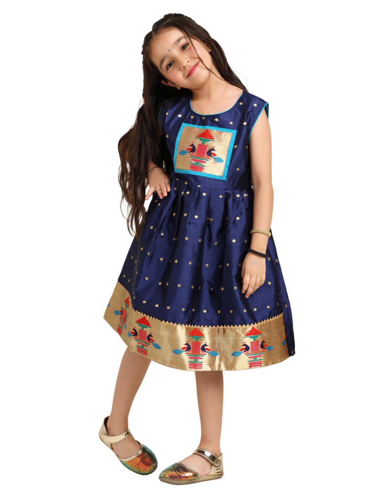 Paithani Baby Girl Frock – Navy Blue Silk with Temple Motif Design & Zari Border