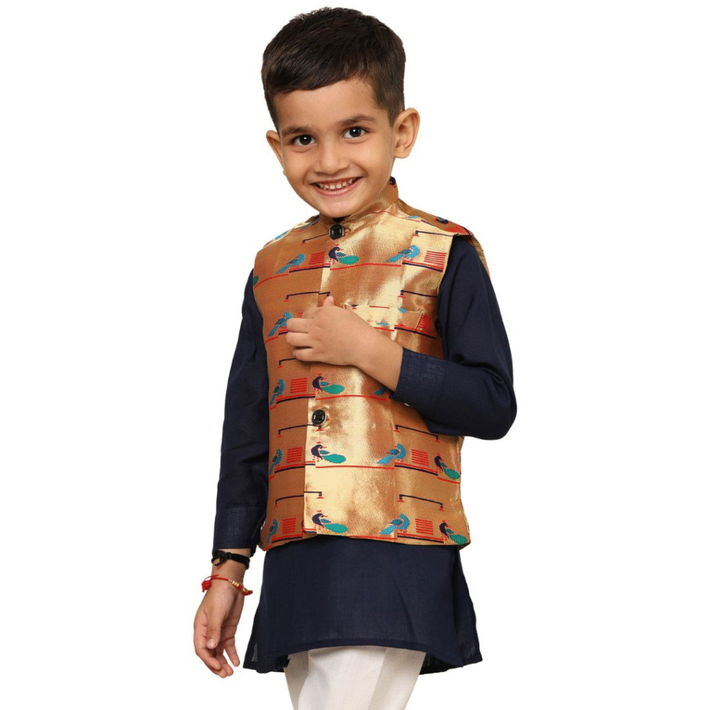Kanira Jr Paithani Jacket for Boys Double Peacock