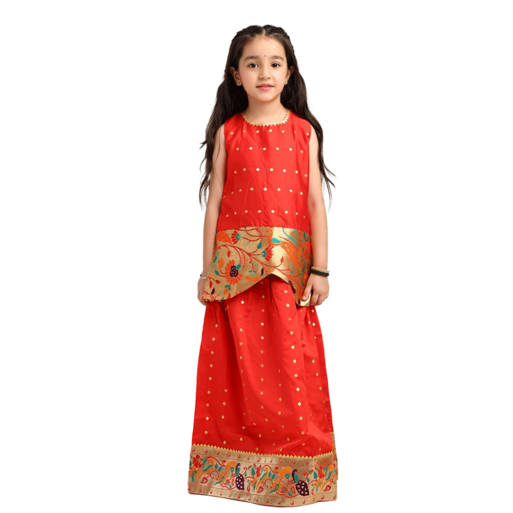 Paithani Baby Girl Lehenga Set – Bright Red Silk with Brocade Peplum Top & Zari Peacock Border
