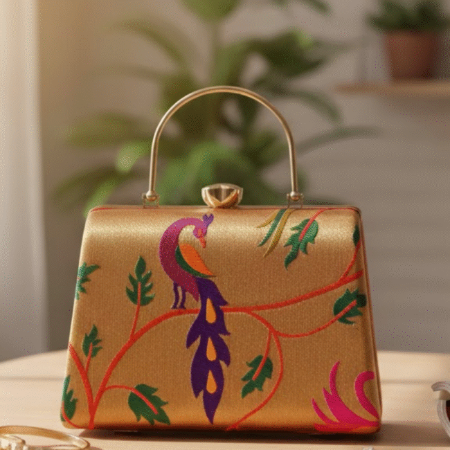 Golden Paithani Clutch – The Perfect Blend of Tradition and Elegance