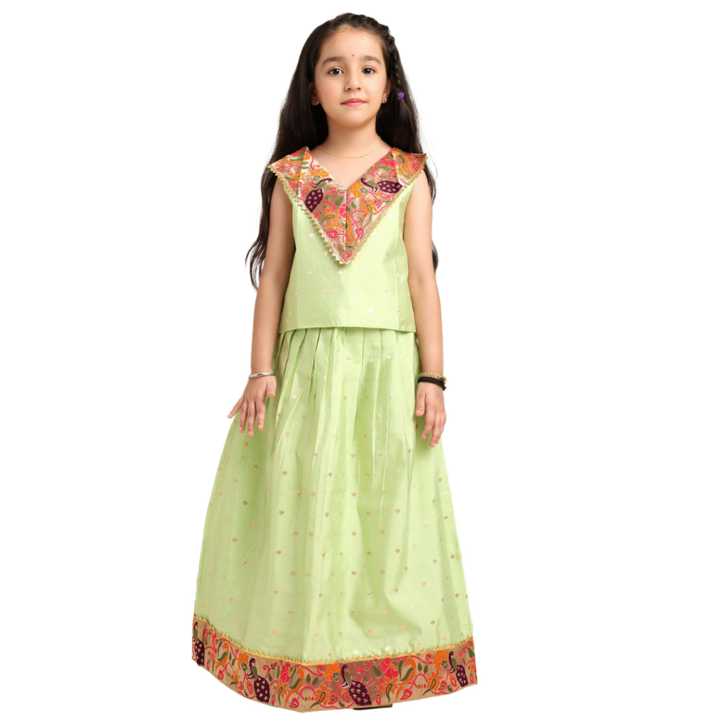 Paithani Baby Girl Lehenga Set – Pastel Green Silk with V-Neck Brocade Collar & Peacock Zari Border – V Neck Pattern
